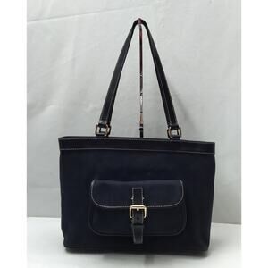 Dooney & Bourke Dark Blue Canvas DB Printed Buckle Pocket Zipper Tote Bag